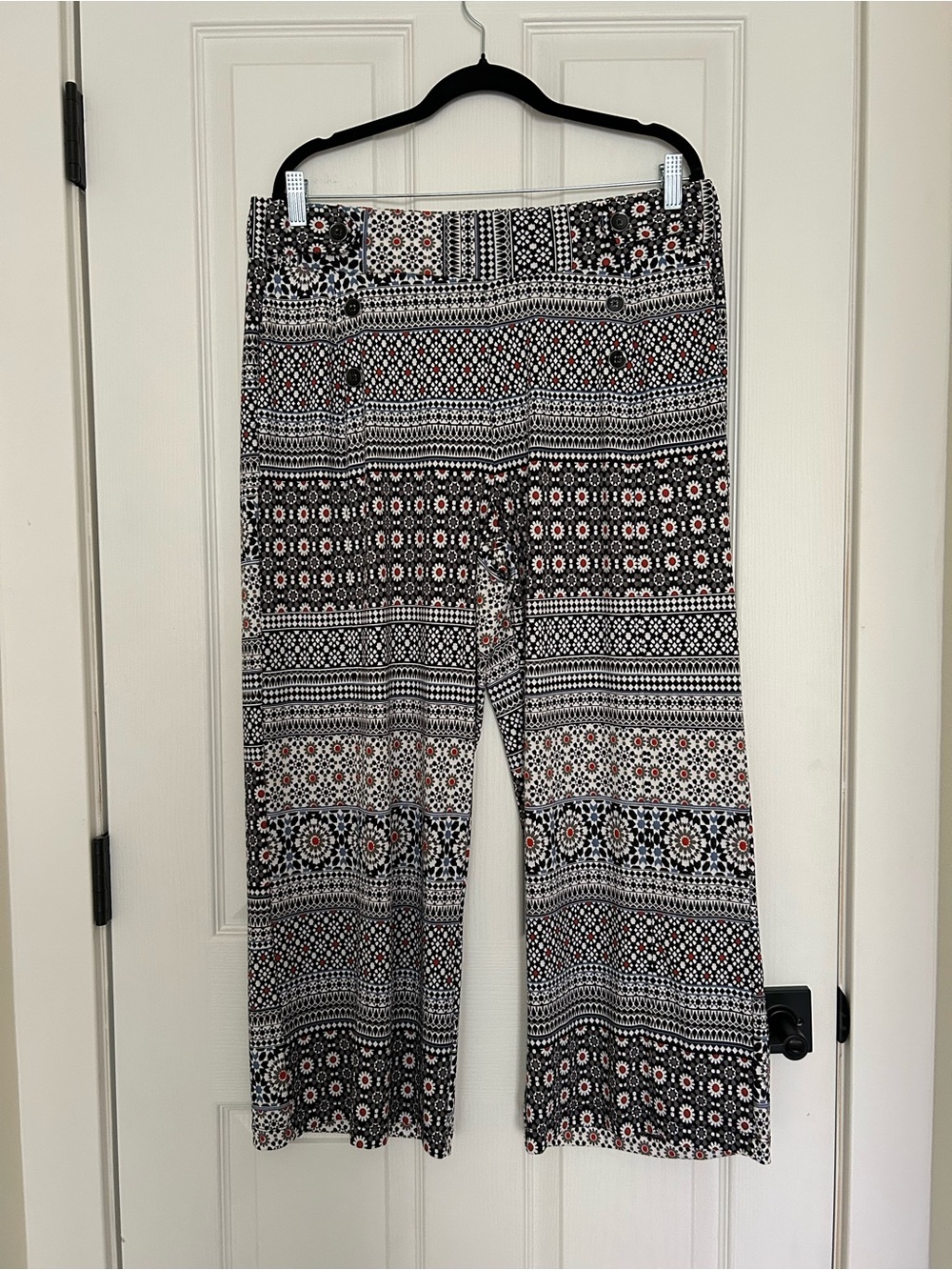 Black Printed Wide-Leg Palazzo Pants with Pink Accents